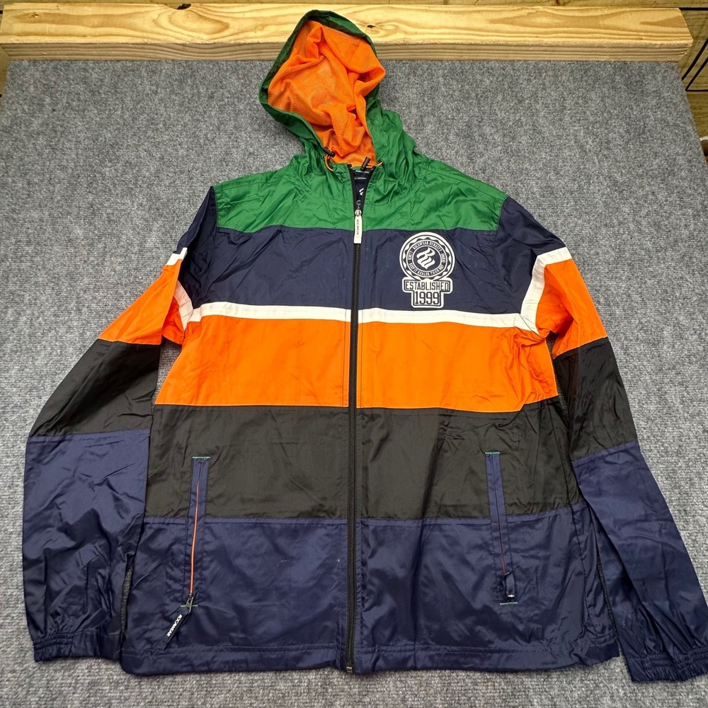 Rocawear Classic Mens Colorblock Windbreaker Jacket Hooded Navy Orange Green L